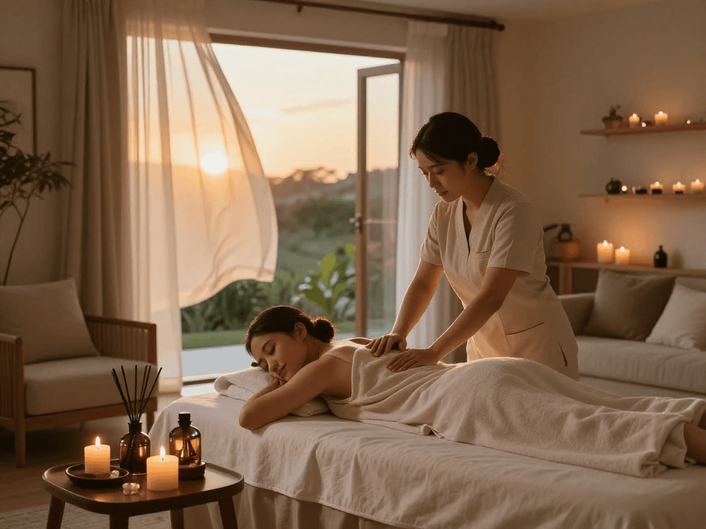 Enjoying a soothing 출장안마 session in a tranquil home spa setting.