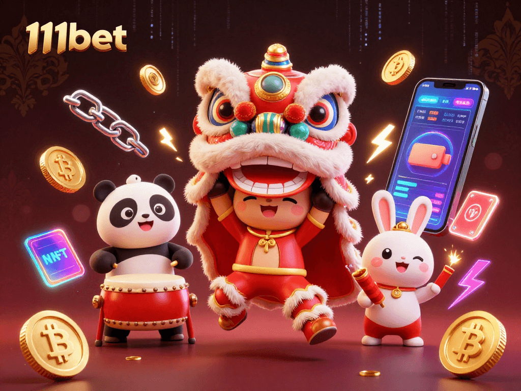 Engage in thrilling games at 11bet with exciting visuals of lion dance, crypto coins, and vibrant energy!