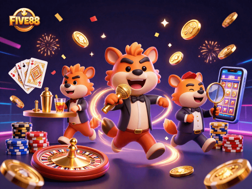 Experience the excitement of FIVE88's vibrant casino atmosphere with lively hyenas!