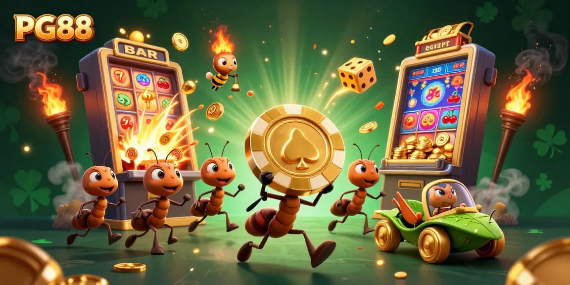Experience epic wins with PG88 as ants carry a giant chip amidst a vibrant casino heist scene.