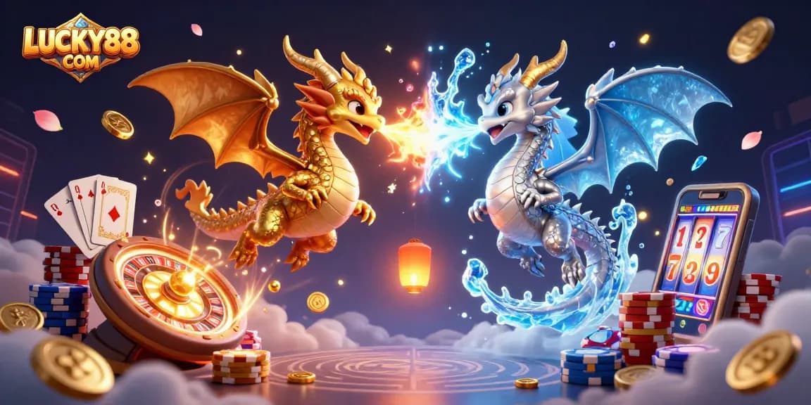 Engage with immersive gameplay at LUCKY88 COM featuring vibrant dragons, casino elements, and rich detail.