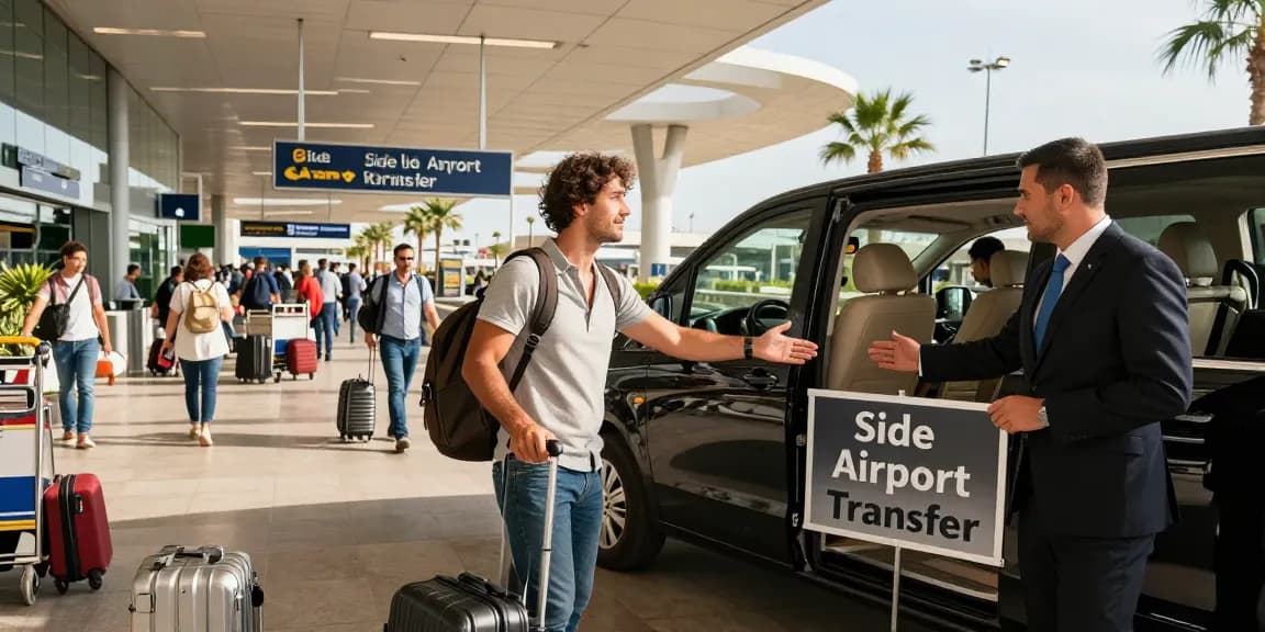 Professional chauffeur welcoming travelers for a Side Airport Transfer at Antalya Airport.
