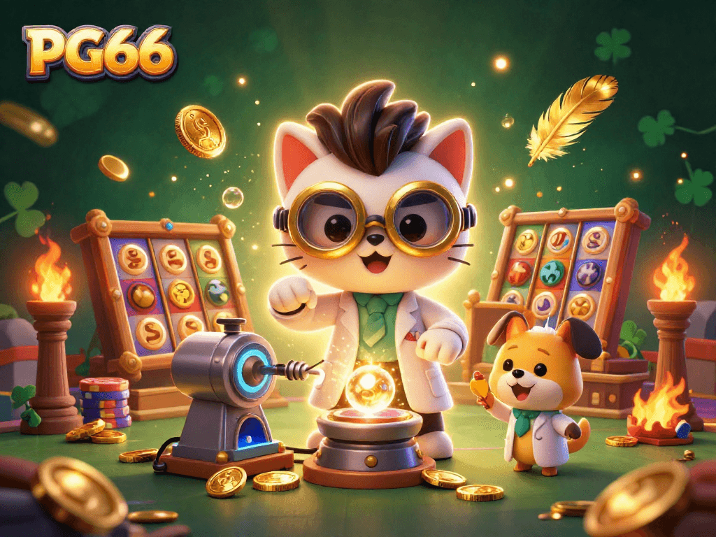 Engage in thrilling gaming opportunities at PG66 with vibrant slot machines and dynamic golden elements.