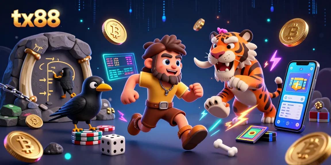 Win big at tx88 with an ultra-detailed 3D illustration of a prehistoric casino scene featuring unique characters.
