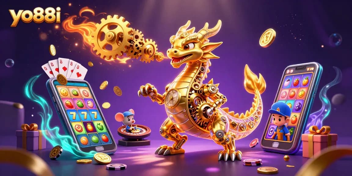 Spin to win with yo88i! Engage with a dynamic slot game scene featuring gold coins and vibrant visuals.