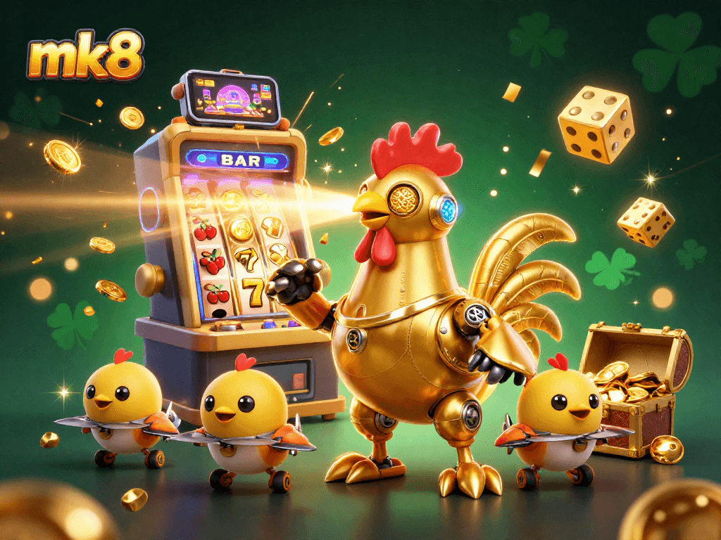Experience immersive gameplay at mk8 with a golden rooster robot shooting lasers amidst a vibrant casino scene.