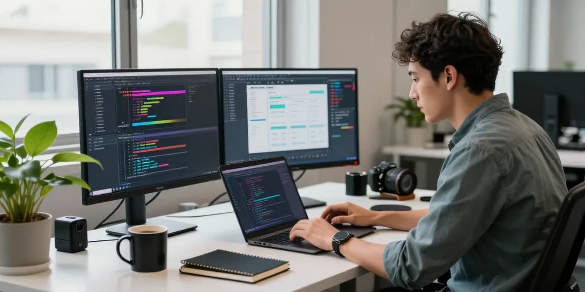 WPS Download in vibrant workspace with developer coding on dual monitors, coffee and tech gadgets around.