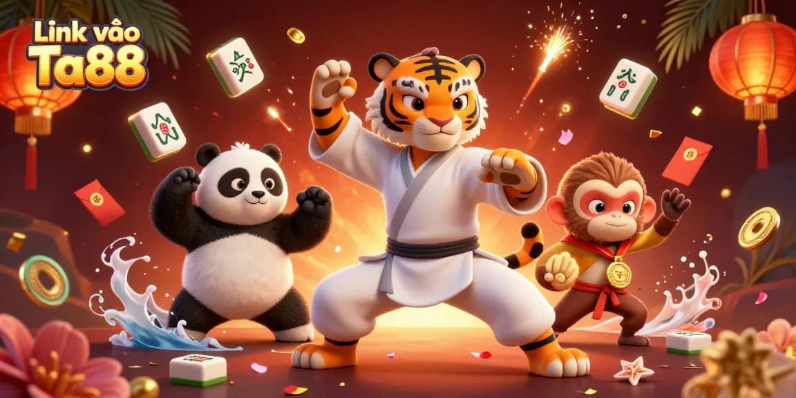 Engage with the Link vào Ta88 online casino featuring a kung fu master and vibrant game elements.