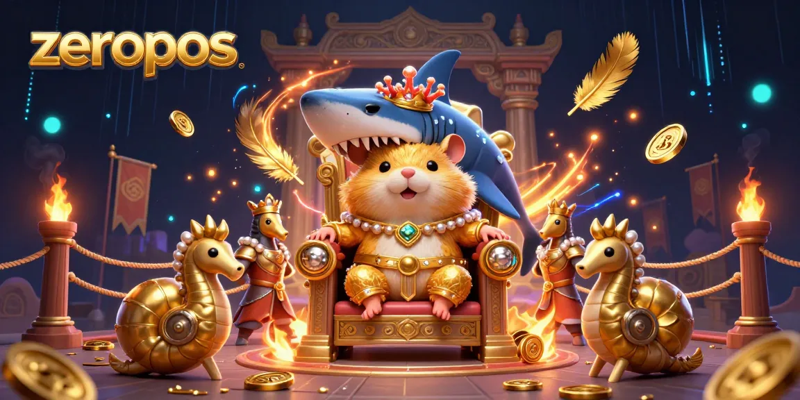 Experience the thrill of the zeropos arena with a golden hamster king and seahorse guards amidst vibrant casino elements.
