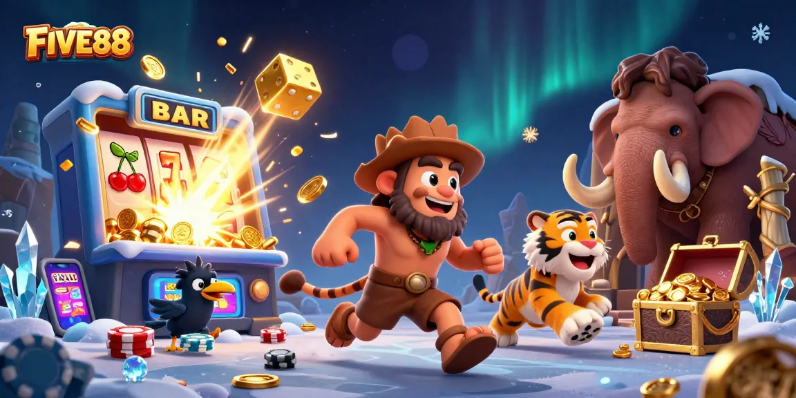 Experience thrilling gaming adventures at FIVE88 with vibrant casino elements and characters.