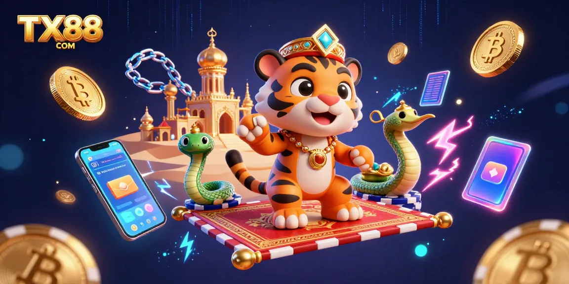 Experience the thrilling TX88 COM online casino on a flying carpet made of poker chips amidst crypto riches, engaging in vibrant gaming.
