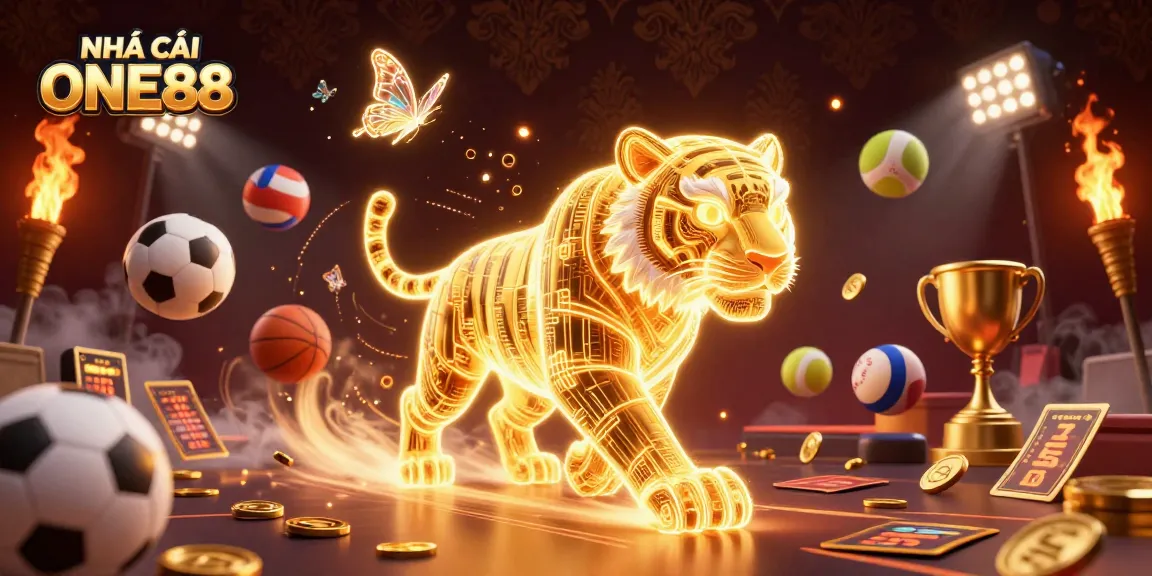 Bet on unbeatable odds at NHÀ CÁI ONE88 with a dynamic casino scene featuring a glowing golden tiger and vibrant sports elements.