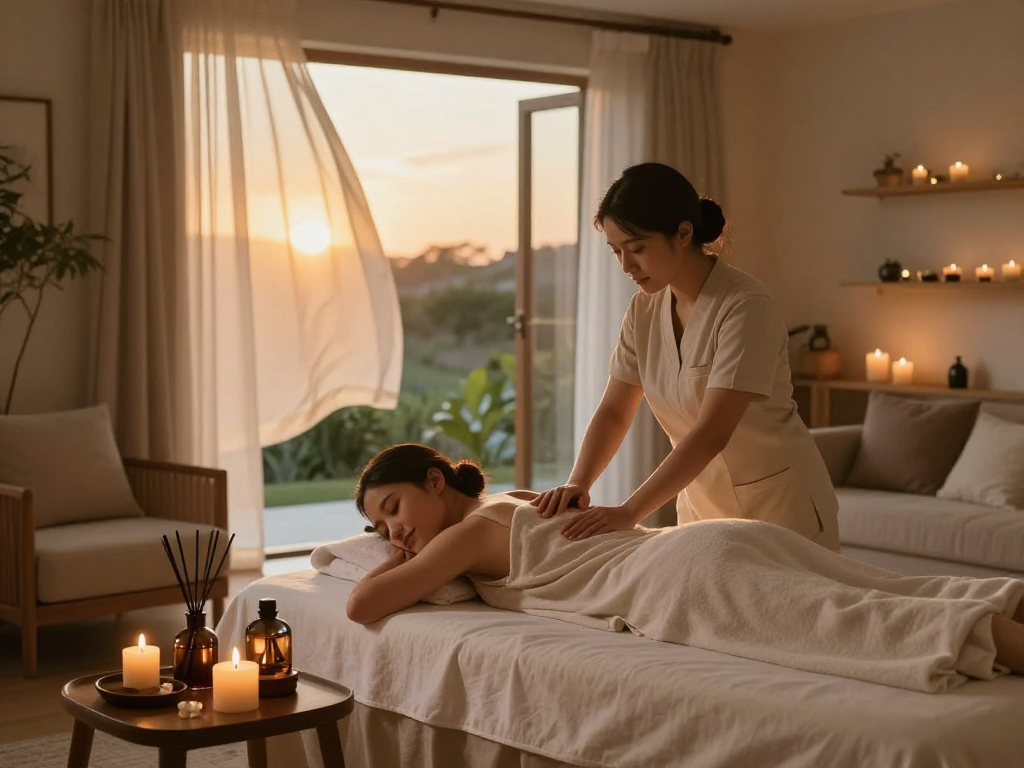 Enjoying a soothing 출장안마 session in a tranquil home spa setting.