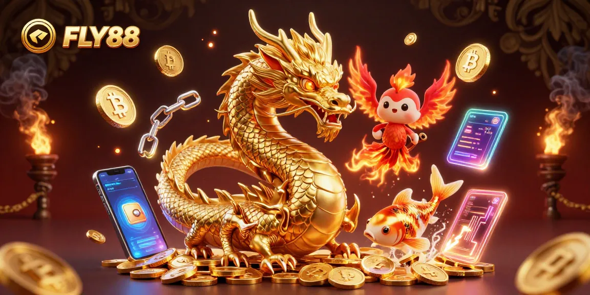 Fly88 showcases an exciting casino scene with a dragon, phoenix, and koi fish surrounded by digital currency elements.