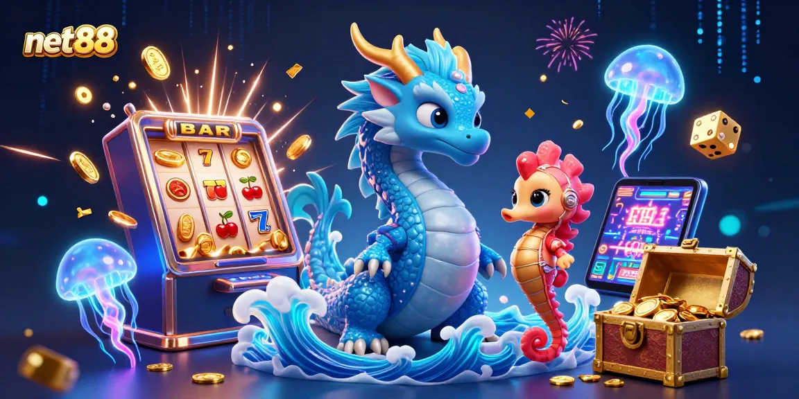 Play net88's exciting slots with a vibrant dragon, knight, and jellyfish amidst a jackpot celebration.