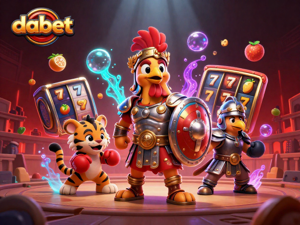 Experience the thrill of dabet with a vibrant scene of a gladiator rooster amidst dynamic slot game elements.