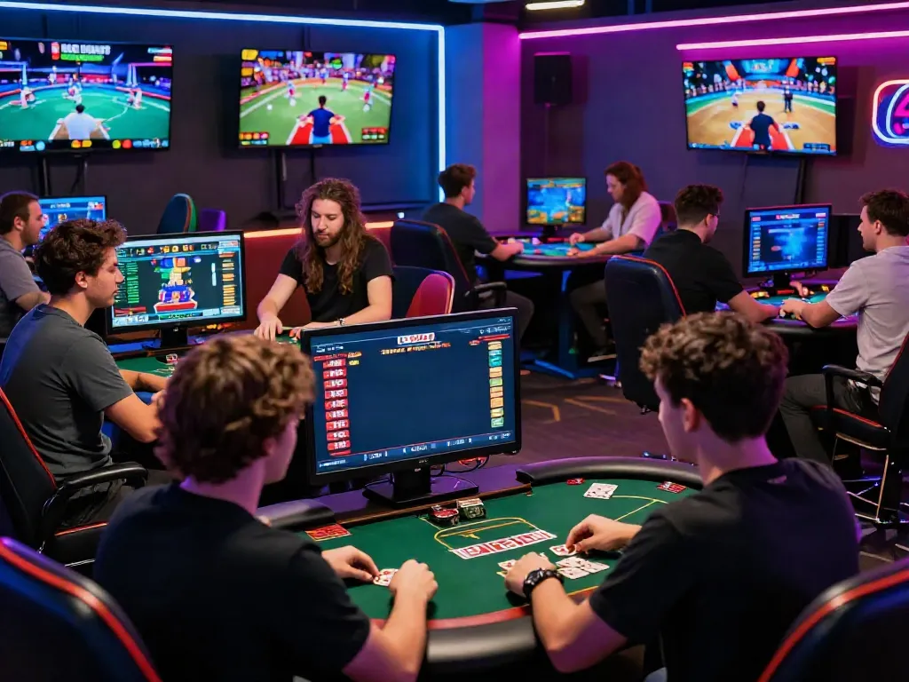 Players enjoying various games on https://ku88v1.com/ in a lively, neon-lit casino atmosphere.