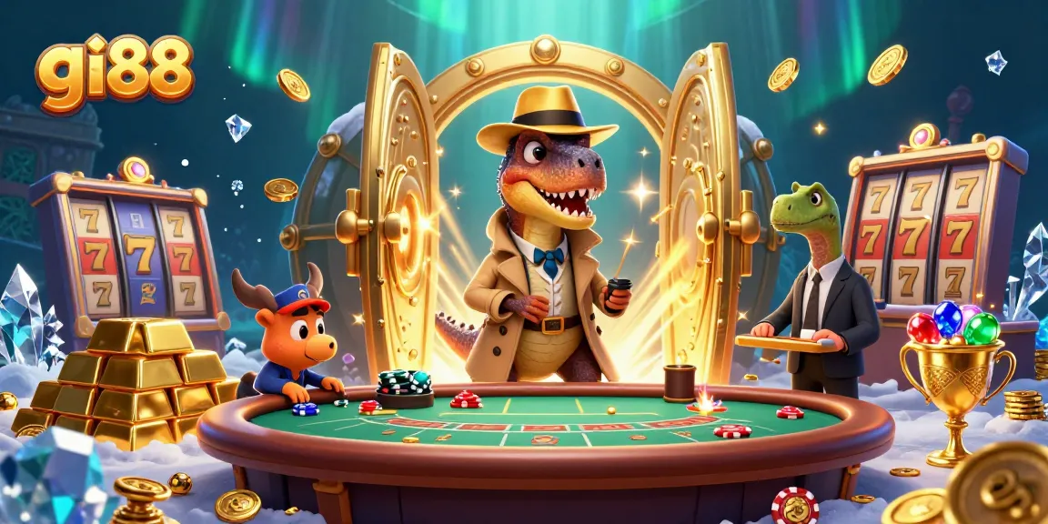 gi88 players enjoy jackpots in a vibrant casino scene with cartoon characters counting cards.