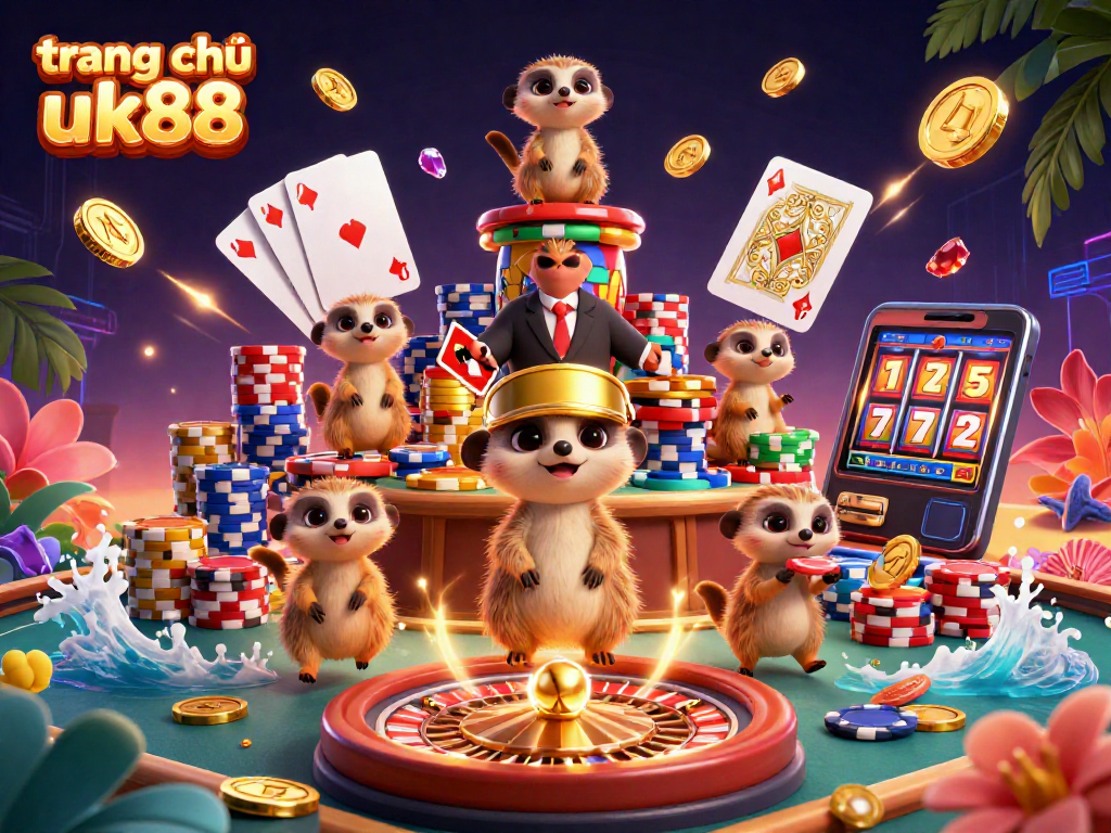 Join the fun at trang chủ uk88 with lively meerkats in a colorful casino scene filled with sparkling treasures.