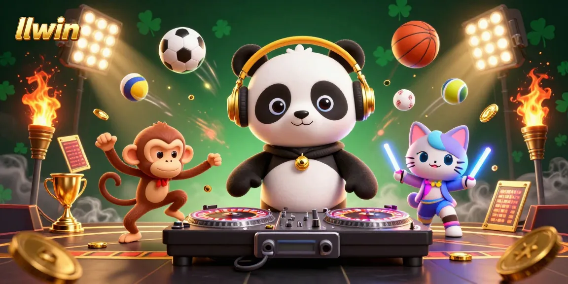llwin players enjoy a vibrant casino atmosphere with a DJ panda, dancing monkey, and glowing kitten amidst sports elements.