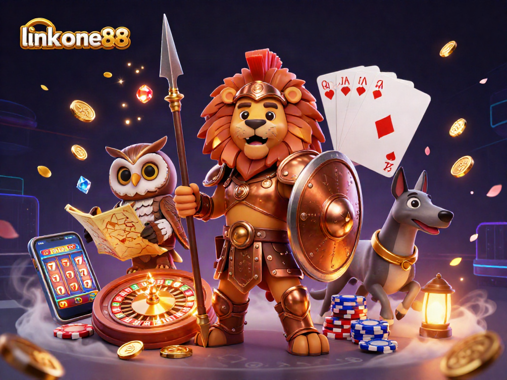 Experience epic wins with link one88 in this 3D casino illustration featuring a Spartan lion, owl strategist, and greyhound messenger.