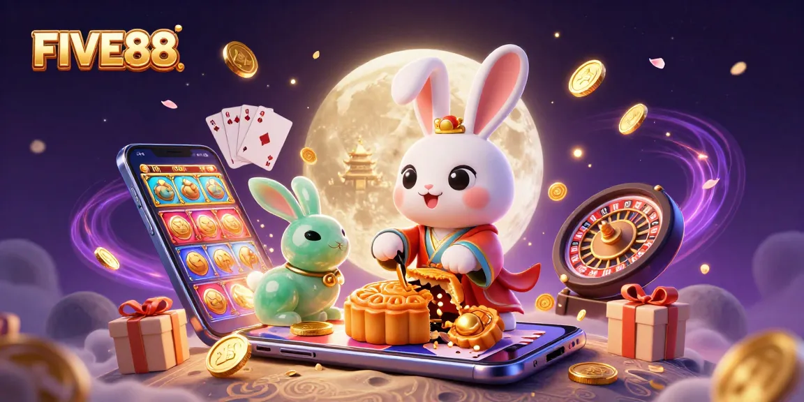 FIVE88 illustrates a vibrant moon rabbit scene infused with casino elements and rich details.