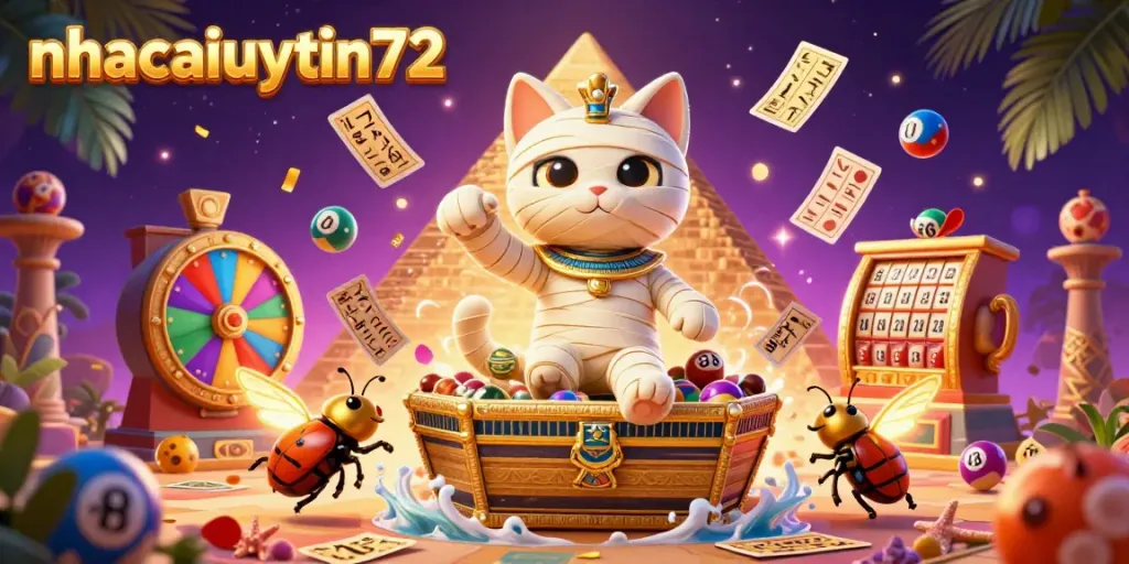 Join the festive action at nhacaiuytin72’s pyramid casino with a mummy cat, glowing scarab, and lively lottery elements.