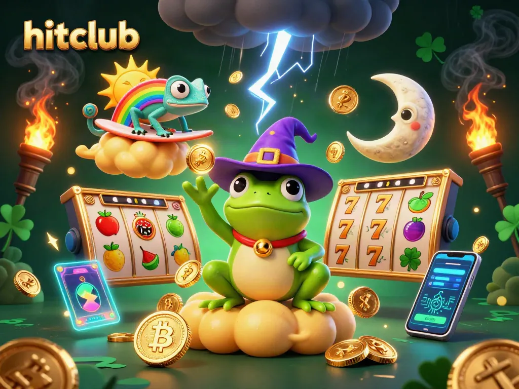 Hitclub offers thrilling jackpot adventures amidst golden coins in this vibrant 3D illustration.