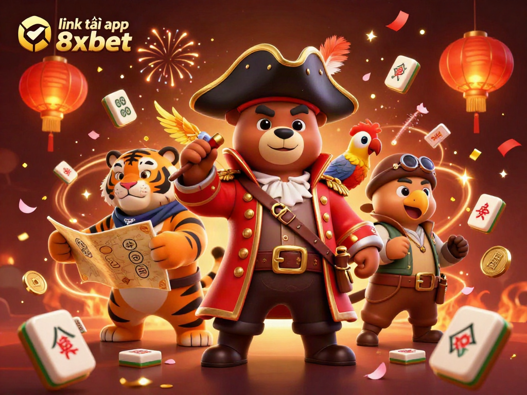 Experience excitement with link tải app 8xbet, featuring a pirate bear in an adventurous casino setting.