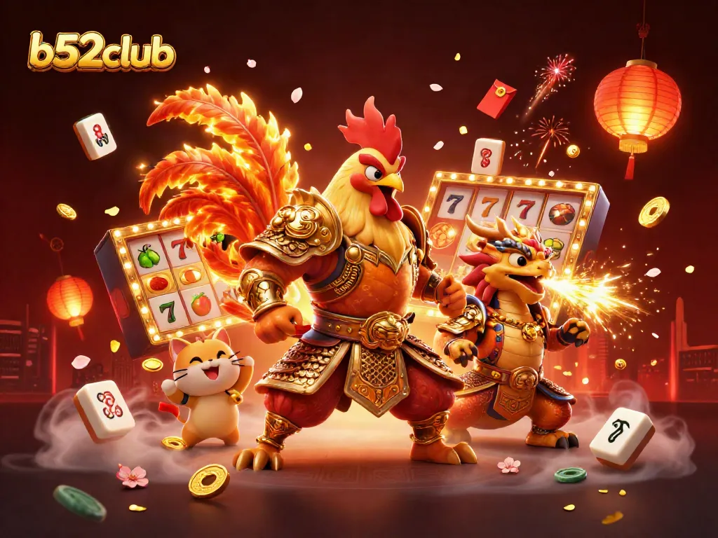 Win big at b52club with a dynamic scene of a rooster warrior and dragon in a vibrant casino