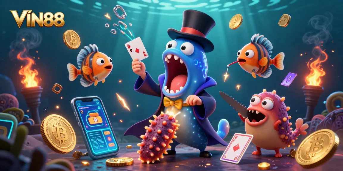 Experience the exciting world of VIN88 with captivating visuals of an underwater casino magic act.