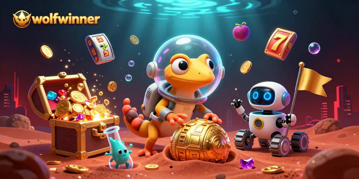 Experience excitement at wolfwinner with a Martian gecko uncovering a golden casino amidst slot reels and treasures.
