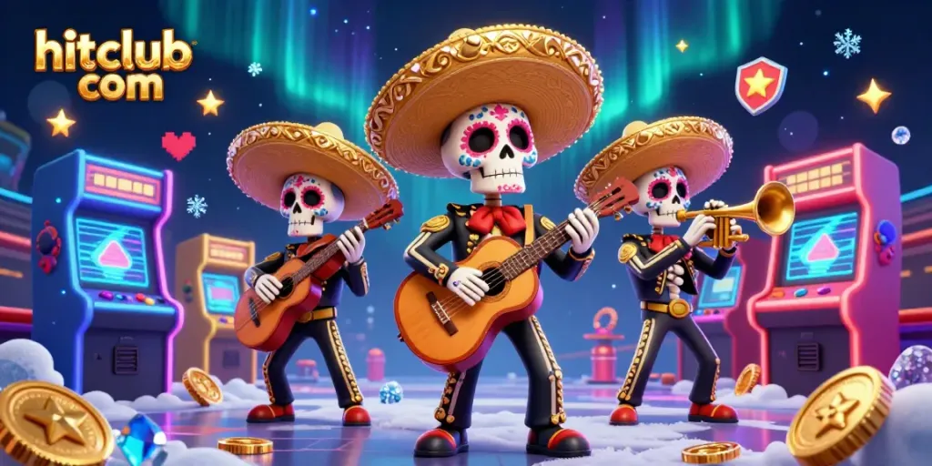 Engage in gaming action with hitclub com showcasing a festive skeleton mariachi band in a dynamic casino scene.