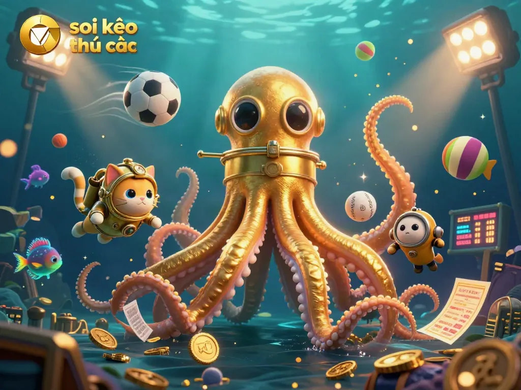 Soi kèo nhà cái illustrated with kraken, diving cat, and sports elements in dynamic scene.
