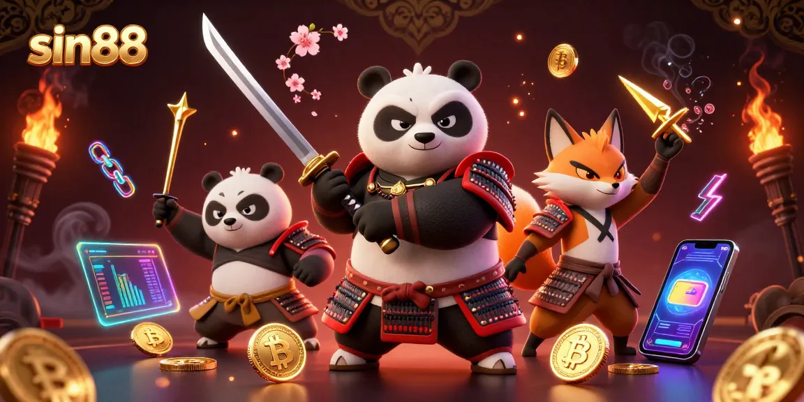 Experience sin88's gaming excitement with samurai panda and ninja fox amidst vibrant crypto elements.