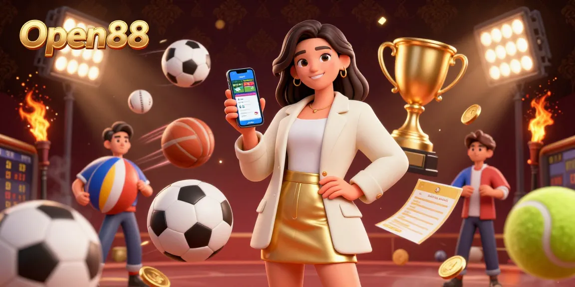 Open88 sports betting scene featuring a friendly woman holding a smartphone and dynamic sports elements.
