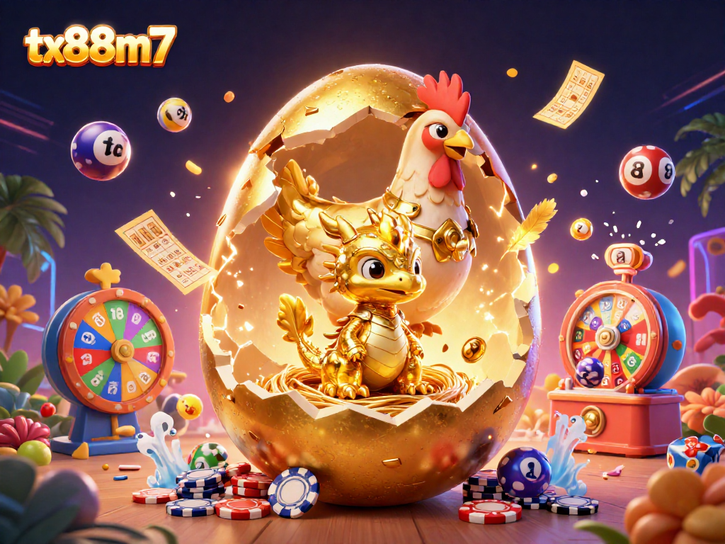 Experience the excitement of tx88m7 with a vibrant 3D casino illustration featuring golden games.