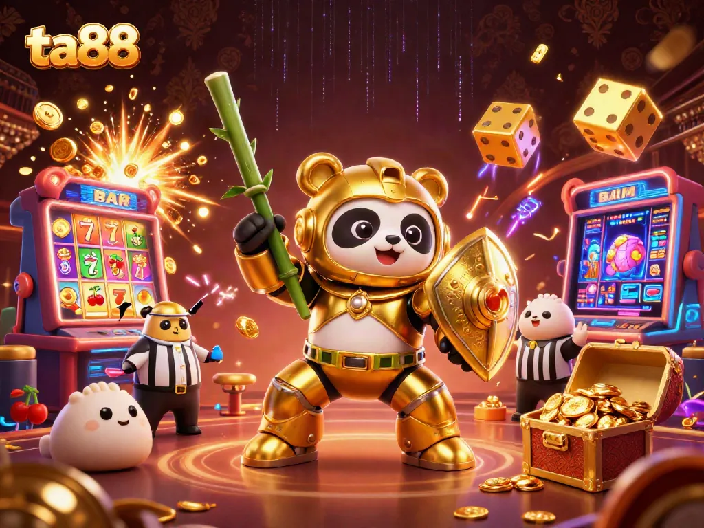 Experience the excitement of ta88 with a vivid casino scene featuring a golden panda mech in action.