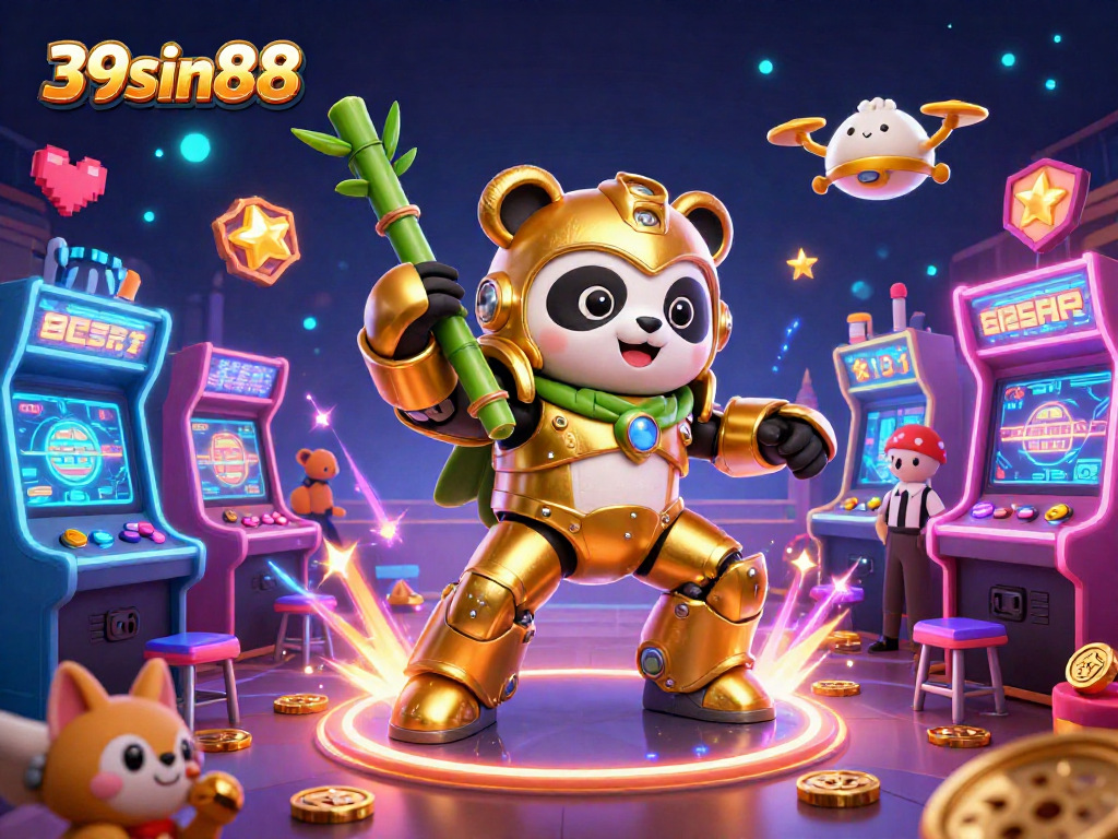 Engage with 39sin88 in a vibrant 3D cartoon casino scene featuring gaming robots and arcade elements.