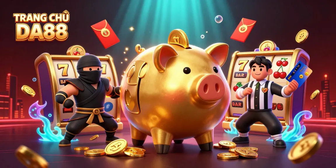 Spin the reels of TRANG CHỦ DA88 with golden piggy bank sumo wrestler amid dynamic casino elements.
