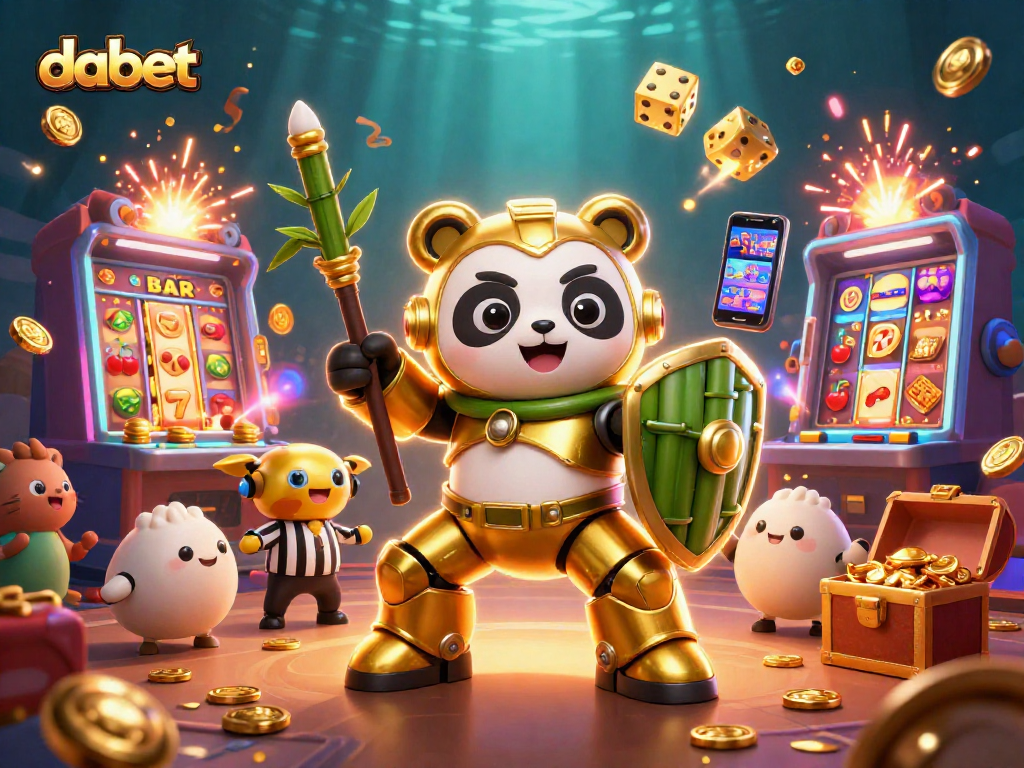 dabet showcases a golden panda in mech-suit amidst casino excitement with slots and gold.