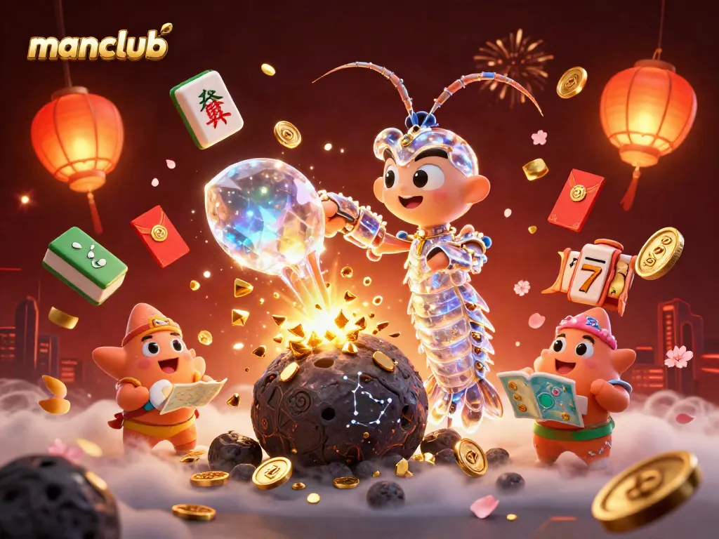 Engage in thrilling casino excitement with manclub's galactic characters amidst vibrant gaming elements.