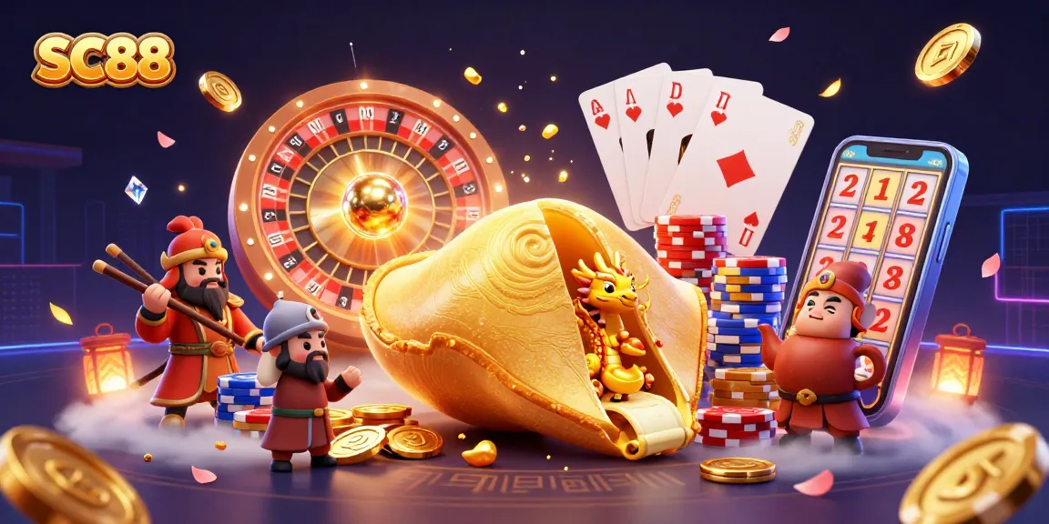 Engage with SC88's vibrant casino atmosphere featuring a fortune cookie, wise dragon, and golden treasures.