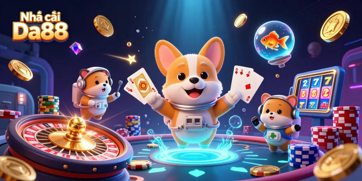 Bet on risk and rewards at Nhà cái Da88: A captivating 3D casino scene with playful astronaut characters.