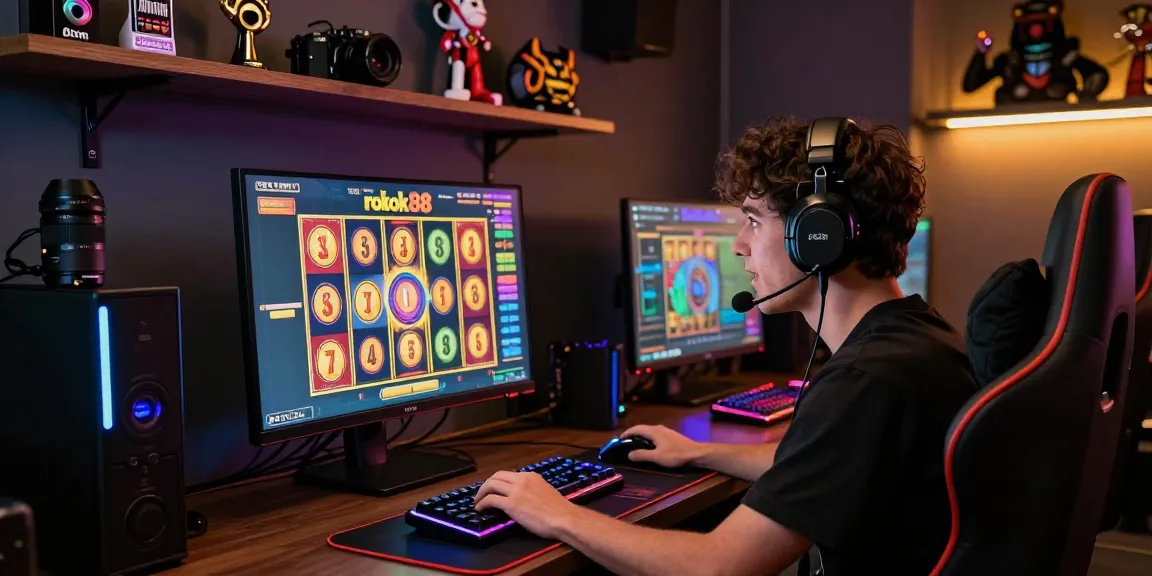 Player enjoying rokok88 slot adventure on a vibrant gaming setup.