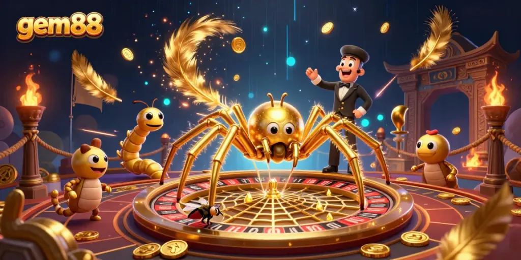 Experience the thrill of gem88’s dynamic gaming scene with a golden web roulette wheel and vibrant characters.