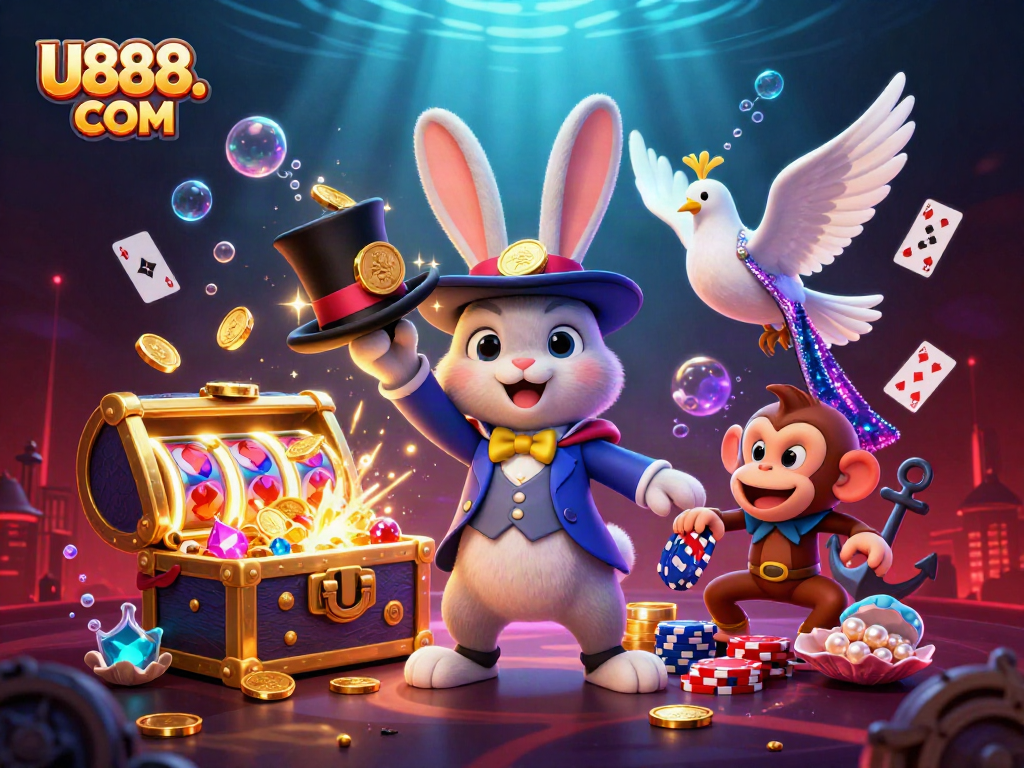 Win big at U888. COM with a vibrant scene of a magician rabbit, dove, and monkey amidst casino treasures.