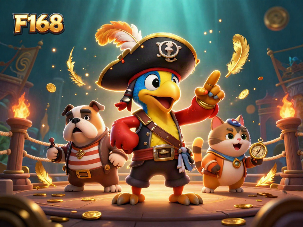 Join the thrilling F168 pirate adventure featuring a captain parrot, bulldog, and cat in an action-packed casino scene.