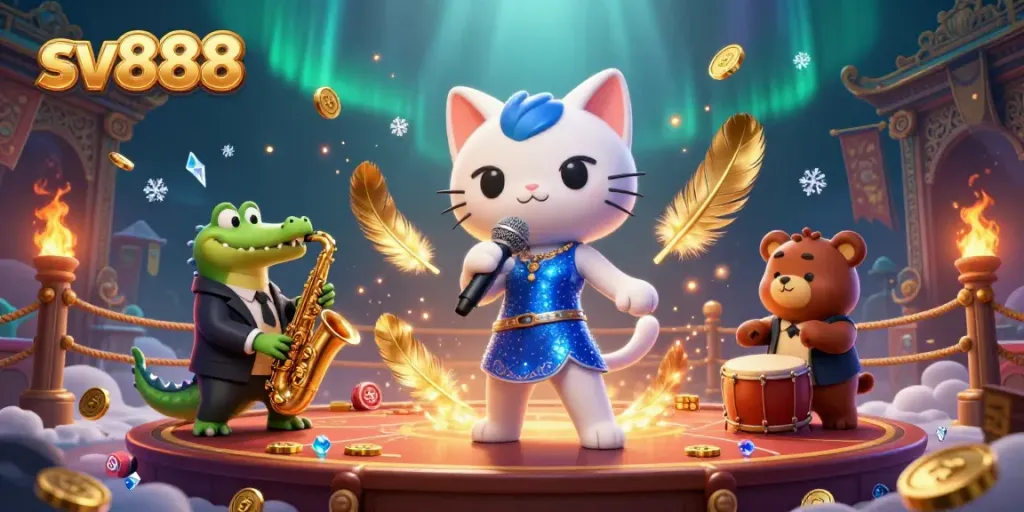 Experience a thrilling scene at sv888 casino with animated characters performing and winning gold coins.