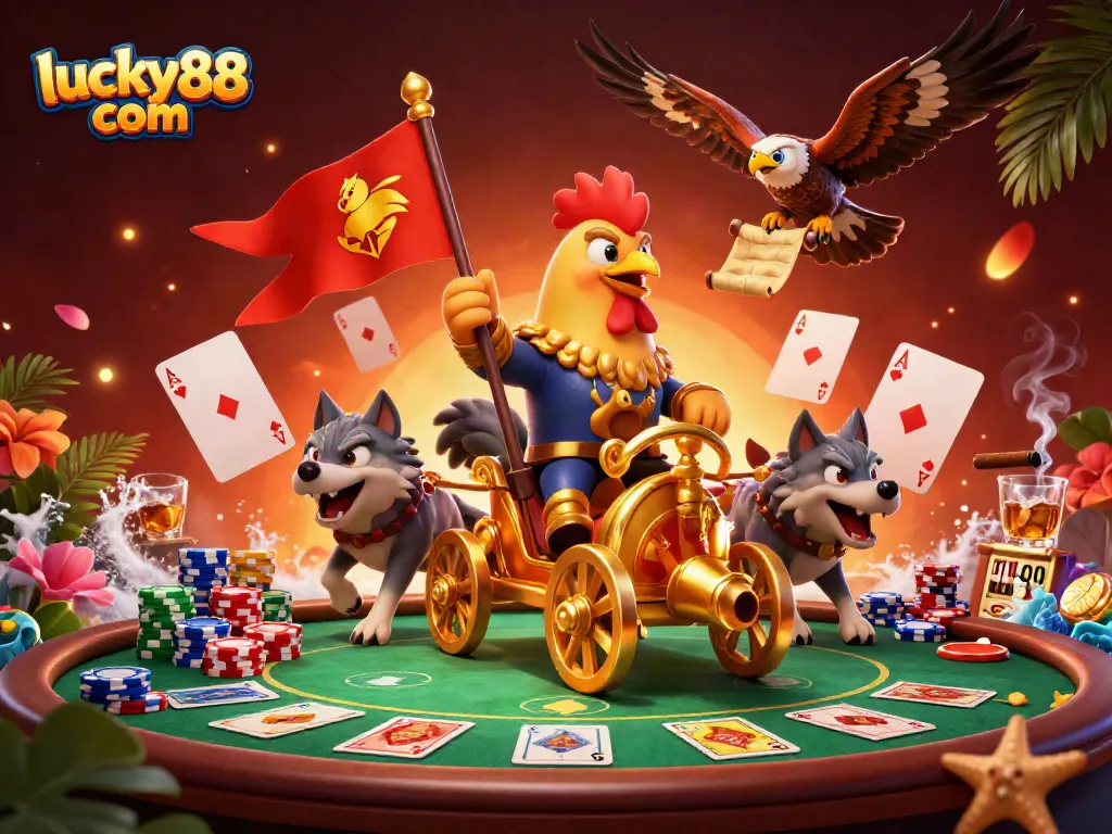 Bet big with lucky88 com in this vibrant cartoon casino scene capturing high-stakes poker excitement.